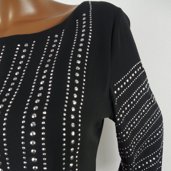 ALFANI Top M/10 Party Blouse Black with Silver Studs Bubble Hem 3/4 Flared Slvs - Picture 3 of 12